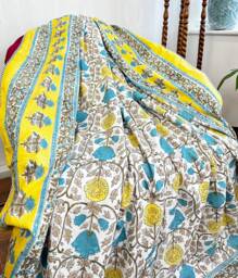 Pure Soft Cotton Indian Floral Dohar Reversible Bed/Sofa Throw Summer Quilted King Size Handprint White Canary Yellow Aqua Blue Gardenia - thumbnail 1
