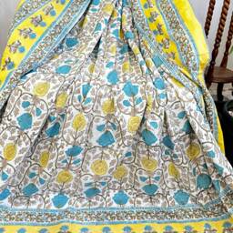 Pure Soft Cotton Indian Floral Dohar Reversible Bed/Sofa Throw Summer Quilted King Size Handprint White Canary Yellow Aqua Blue Gardenia - thumbnail 3