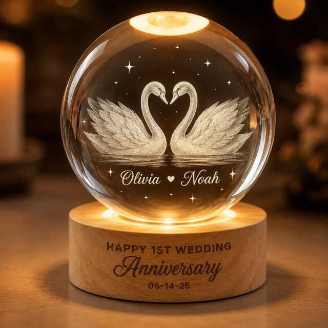Personalized 1st Anniversary Swan Crystal Ball Night Light, Custom Wedding Gift For Couples, Romantic Wife Husband - image 1