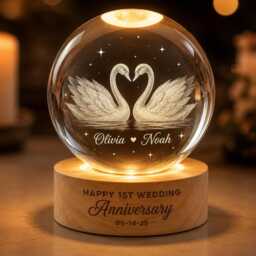 Personalized 1st Anniversary Swan Crystal Ball Night Light, Custom Wedding Gift For Couples, Romantic Wife Husband - thumbnail 1