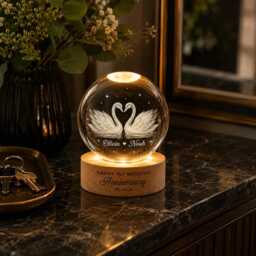 Personalized 1st Anniversary Swan Crystal Ball Night Light, Custom Wedding Gift For Couples, Romantic Wife Husband - thumbnail 4
