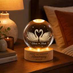 Personalized 1st Anniversary Swan Crystal Ball Night Light, Custom Wedding Gift For Couples, Romantic Wife Husband - thumbnail 2