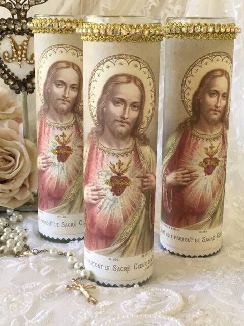 Sacred Heart Of Jesus Prayer Candle, Shabby Cottage Chic Altar Decor - image 1