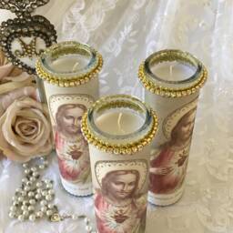 Sacred Heart Of Jesus Prayer Candle, Shabby Cottage Chic Altar Decor - thumbnail 3