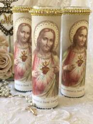 Sacred Heart Of Jesus Prayer Candle, Shabby Cottage Chic Altar Decor - thumbnail 1