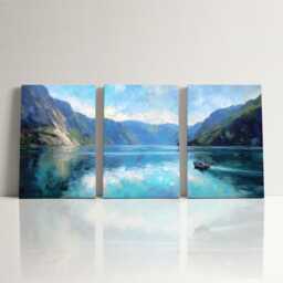 Norwegian Fjord Fishing Boat 3 Panel Split Canvas Wall Art Nordic Landscape Impressionist Coastal Oil Painting Framed Home Decor - thumbnail 3