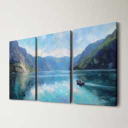 Norwegian Fjord Fishing Boat 3 Panel Split Canvas Wall Art Nordic Landscape Impressionist Coastal Oil Painting Framed Home Decor