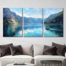 Norwegian Fjord Fishing Boat 3 Panel Split Canvas Wall Art Nordic Landscape Impressionist Coastal Oil Painting Framed Home Decor - thumbnail 2