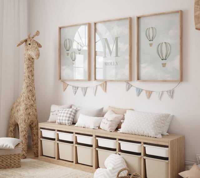 Set Of 3 Hot Air Balloon Animals Prints, Nursery, Playroom, Children's Poster, Girls Boys Bedroom, Kids Wall Art, A3 A4 Print - image 1