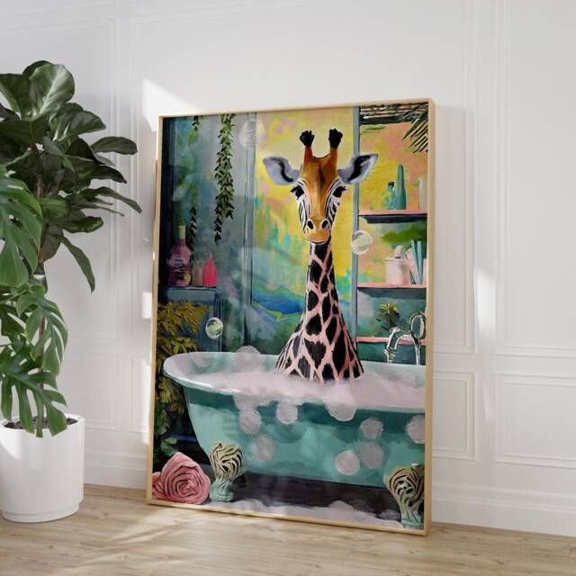 Giraffe in Bath Print Wall Art, Retro Print, Bathroom Toilet Art Poster, Funny Cute Animal 2463 - image 1
