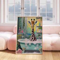 Giraffe in Bath Print Wall Art, Retro Print, Bathroom Toilet Art Poster, Funny Cute Animal 2463 - thumbnail 3