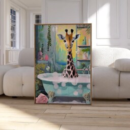Giraffe in Bath Print Wall Art, Retro Print, Bathroom Toilet Art Poster, Funny Cute Animal 2463 - thumbnail 2