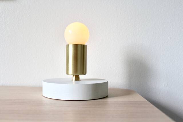 Table Lamp, Minimalist Desk Lamp in Brass Or Polished Nickel, Wood Base Custom Colors, Mid Century Modern Industrial Lighting Fixture - image 1