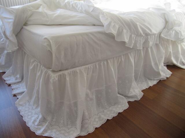 Lace Bed Skirt Bedskirt - White Eyelet Lace Cotton Dust Ruffle Queen King Bed Scalloped Edge Shabby Chic Romantic Elegant Bedding - image 1