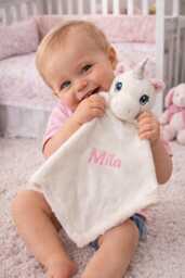 Personalised Baby Comforter, Cubbie Unicorn, New Gift, Personalized Stuffie Blankie, White, Birth Block - thumbnail 1