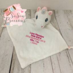 Personalised Baby Comforter, Cubbie Unicorn, New Gift, Personalized Stuffie Blankie, White, Birth Block - thumbnail 3