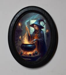 Halloween Black Oval Wooden Framed Picture, Gothic Print, Witchy Wall Hanging, Witches Brew - thumbnail 1