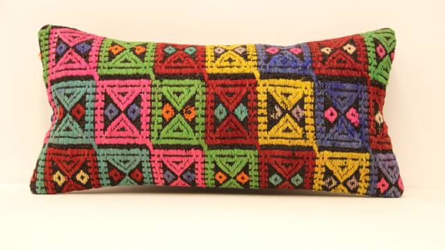 Handmade Wool Kilim Lumbar Pillow Cover, Turkish Boho Cushion - 12x24 Inch - image 1