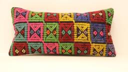 Handmade Wool Kilim Lumbar Pillow Cover, Turkish Boho Cushion - 12x24 Inch