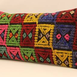 Handmade Wool Kilim Lumbar Pillow Cover, Turkish Boho Cushion - 12x24 Inch - thumbnail 3