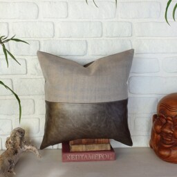 Gray Faux Leather Linen Pillow Cover Rustic Modern Decor - thumbnail 2