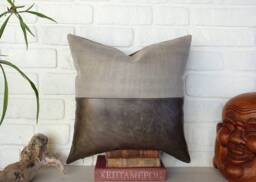 Gray Faux Leather Linen Pillow Cover Rustic Modern Decor