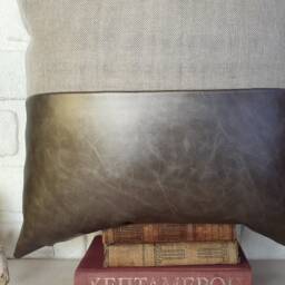 Gray Faux Leather Linen Pillow Cover Rustic Modern Decor - thumbnail 3