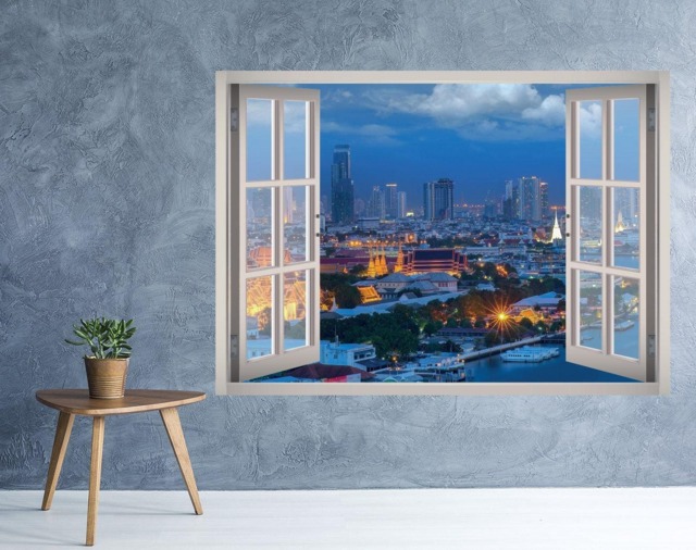 London City Night View Window 3D Wall Decal Art Removable Wallpaper Mural Sticker Vinyl Home Decor