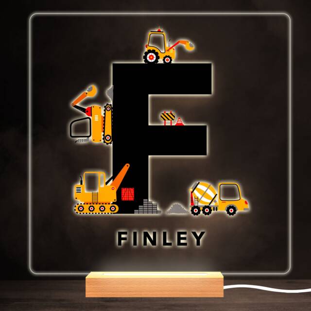 Construction Vehicles Alphabet Letter F Square Personalised Gift Night Light - Bedroom Lamp - image 1