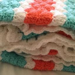 Crocheted Baby Blanket Travel/Stroller/Crib/Car Seat/White/Coral/Lt. Blue Shiell Stitch With A White Ruffle - thumbnail 4