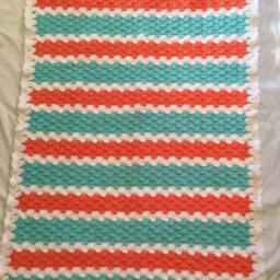 Crocheted Baby Blanket Travel/Stroller/Crib/Car Seat/White/Coral/Lt. Blue Shiell Stitch With A White Ruffle - thumbnail 3