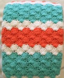 Crocheted Baby Blanket Travel/Stroller/Crib/Car Seat/White/Coral/Lt. Blue Shiell Stitch With A White Ruffle