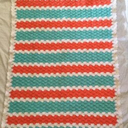 Crocheted Baby Blanket Travel/Stroller/Crib/Car Seat/White/Coral/Lt. Blue Shiell Stitch With A White Ruffle - thumbnail 2