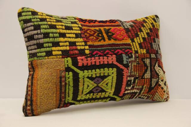 Vintage Turkish Kilim Lumbar Pillow Cover, Boho Patchwork Cushion - 12x20 In - image 1