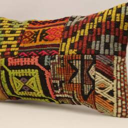 Vintage Turkish Kilim Lumbar Pillow Cover, Boho Patchwork Cushion - 12x20 In - thumbnail 3