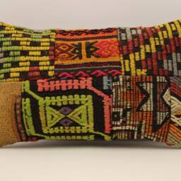 Vintage Turkish Kilim Lumbar Pillow Cover, Boho Patchwork Cushion - 12x20 In - thumbnail 2