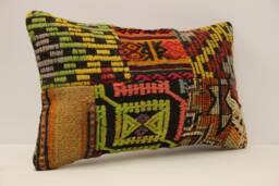 Vintage Turkish Kilim Lumbar Pillow Cover, Boho Patchwork Cushion - 12x20 In