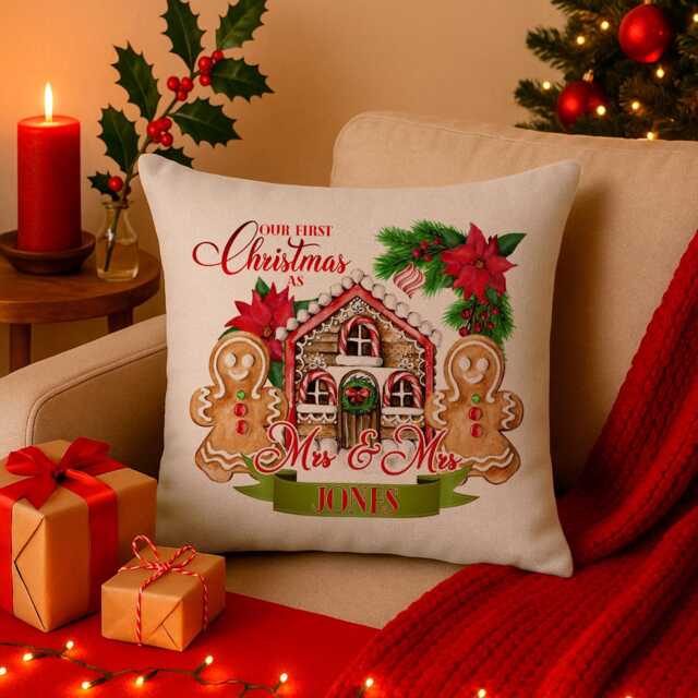 Personalised 1St Christmas Cushion Cover Mrs & Gingerbread Couple First Xmas Custom Throw Pillow Stocking Filler Gift Ekcc03 - image 1