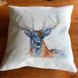 Monarch. Red Deer Stag Cushion Cover, Wildlife Art Cushion, Textile Print, Linen Look, Pillow 16Inch - thumbnail 1