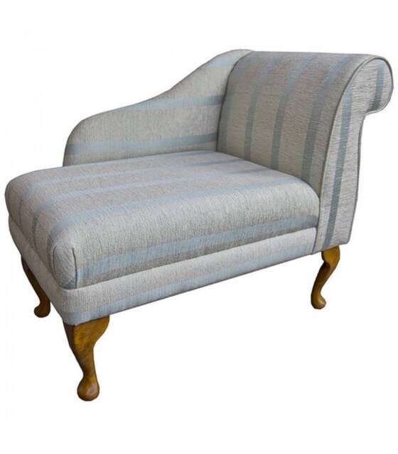 Handmade Compact Chaise Longue Duck Egg Blue Striped Fabric, Queen Anne Legs - image 1