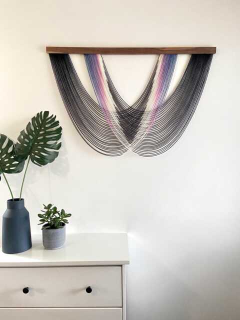 Small Black & Pink Rainbow Fiber Art Wall Hanging, Dyed Wool Yarn Tapestry - image 1