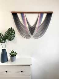 Small Black & Pink Rainbow Fiber Art Wall Hanging, Dyed Wool Yarn Tapestry