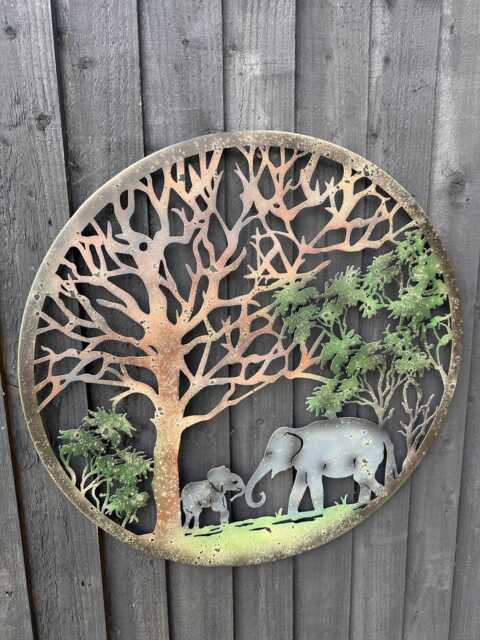 Handmade Peeling Tree Of Life Elephant Father & Son Wall Art Indoors/Outdoors 60cmwall Plaque, Powder Coated Steel , Indoor/Outdoor - image 1
