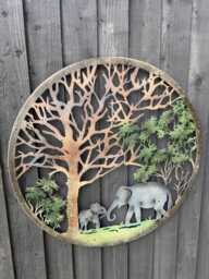 Handmade Peeling Tree Of Life Elephant Father & Son Wall Art Indoors/Outdoors 60cmwall Plaque, Powder Coated Steel , Indoor/Outdoor