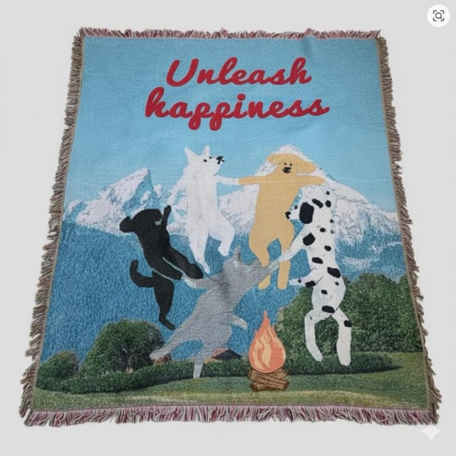 Dancing Dogs Woven Blanket, Unleash Happiness Tapestry, Around Campfire Throw, Cute Dog Lover Gift, Mountain Wall Hanging - image 1