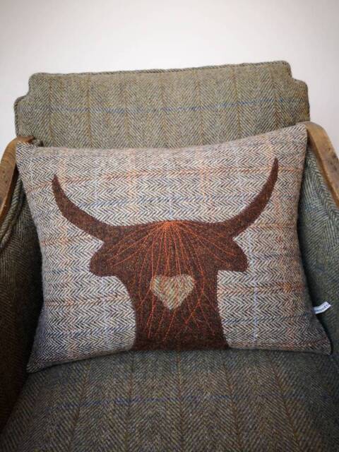 Hand Crafted Harris Tweed Highland Cow Embroidered Cushion Cover - image 1