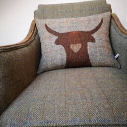 Hand Crafted Harris Tweed Highland Cow Embroidered Cushion Cover - thumbnail 2