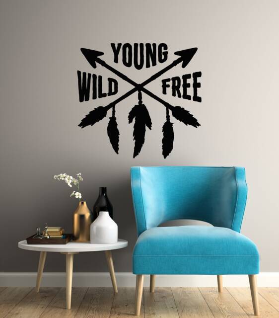 Young Wild Free Vinyl Wall Decal Arrows Feathers Quote Inspirational Saying Ethnic Tribal Theme Playroom Stickers Mural - #3132Di - image 1