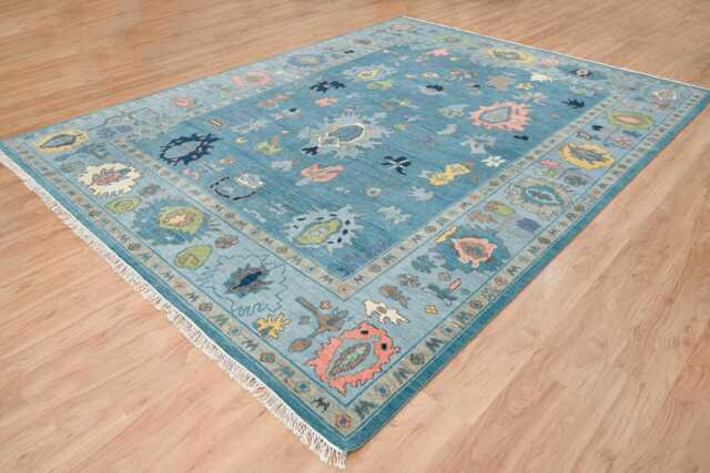 Aqua Teal Oushak Rug, Colorful Floral Wool Carpet, 8x10 Ar_3058 - image 1