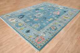 Aqua Teal Oushak Rug, Colorful Floral Wool Carpet, 8x10 Ar_3058 - thumbnail 1